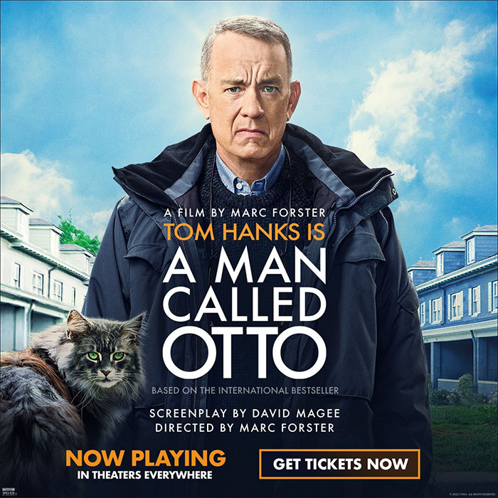 A Man Called Otto - Tom Hanks and longhair tabby cat Schmagel on movie poster