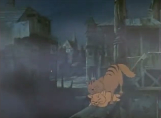 The Man From Button Willow - cartoon mama cat with kitten in foggy San Francisco