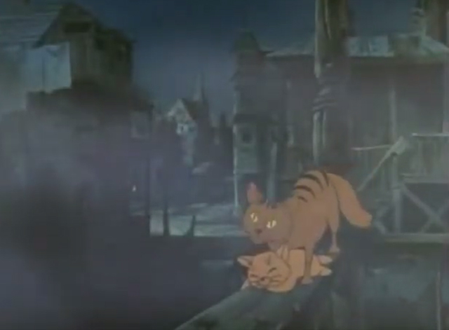 The Man From Button Willow - cartoon mama cat with kitten in foggy San Francisco