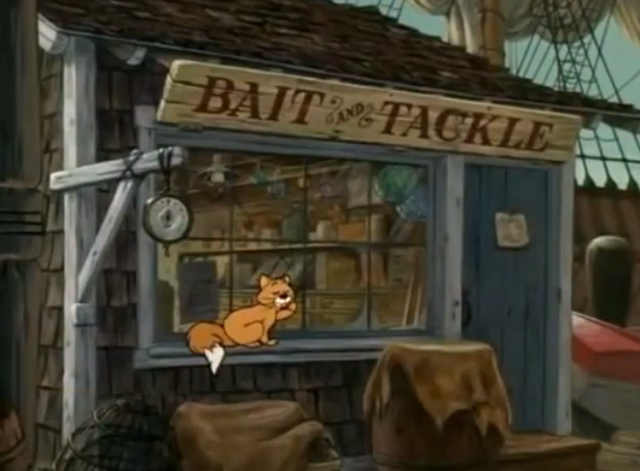 The Man From Button Willow - cartoon orange and white cat in front of bait shop