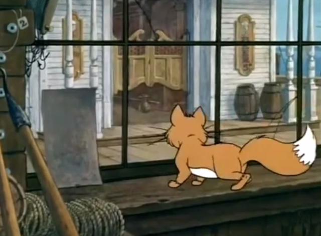The Man From Button Willow - cartoon orange and white cat in window of bait shop