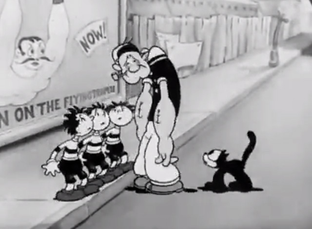 The Man on the Flying Trapeze - sad Popeye with concerned kids and cat