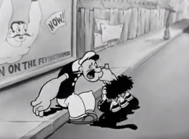 The Man on the Flying Trapeze - Popeye sitting on curb telling his story to kids and cat