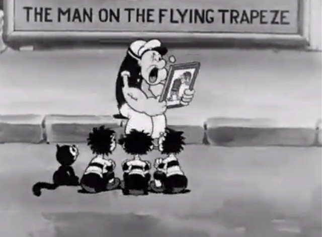 The Man on the Flying Trapeze - sad Popeye singing to kids and cat while holding picture of Olive Oyl