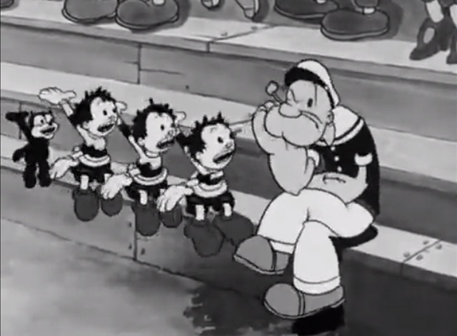 The Man on the Flying Trapeze - kids and cat pointing out Olive Oyl to Popeye