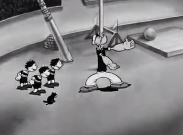 The Man on the Flying Trapeze - Popeye holding arms out to catch Olive Oyl as kids and cat approach
