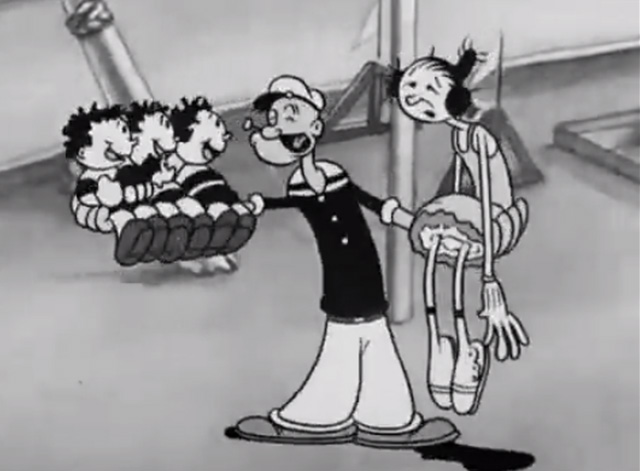 The Man on the Flying Trapeze - Popeye holding up kids and cat and Olive Oyl on his arms