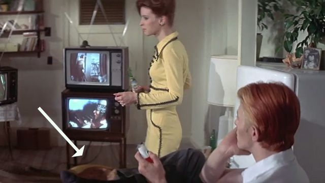 The Man Who Fell to Earth - orange tabby cat sitting in basket on floor with Mary-Lou Candy Clark and Thomas Newton David Bowie