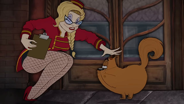 Marmalade is Missing - cartoon longhair ginger cat being greeted by door woman