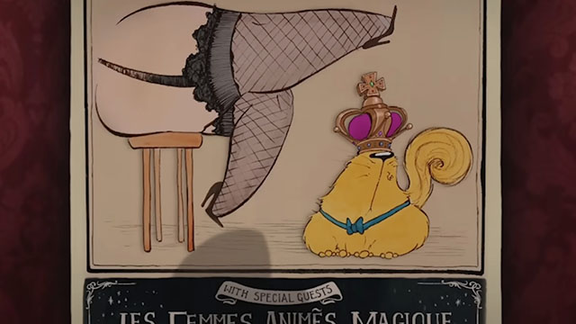 Marmalade is Missing - cartoon longhair ginger cat with crown on burlesque poster