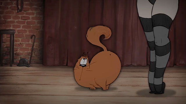 Marmalade is Missing - cartoon longhair ginger cat showing rear to woman