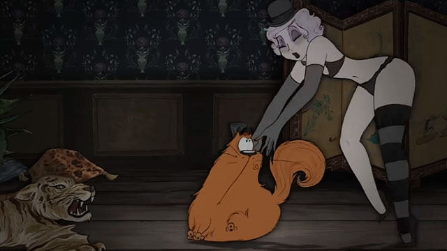 Marmalade is Missing - cartoon longhair ginger cat being pushed off stage by Dahlia Moon