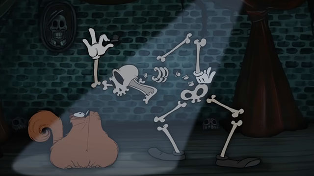 Marmalade is Missing - cartoon longhair ginger cat surprised by skeleton