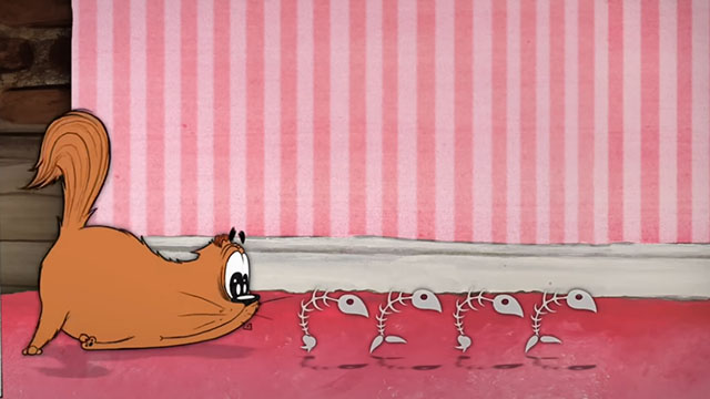 Marmalade is Missing - cartoon longhair ginger cat following fish bones