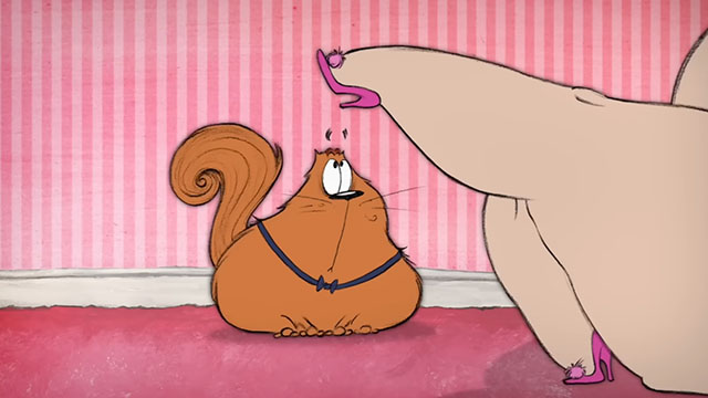 Marmalade is Missing - cartoon longhair ginger cat looking at Margo's legs