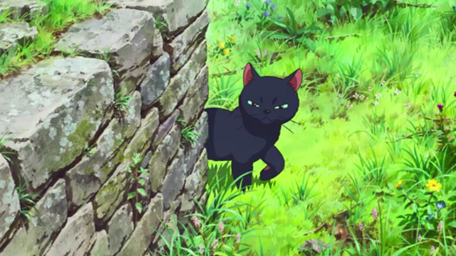 Mary and the Witch's Flower - black cat Tib coming around corner of wall