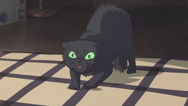 Mary and the Witch's Flower - black cat Tib scared on bed