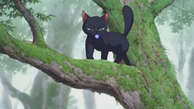Mary and the Witch's Flower - black cat Tib in tree holding Witch's Flower blossom