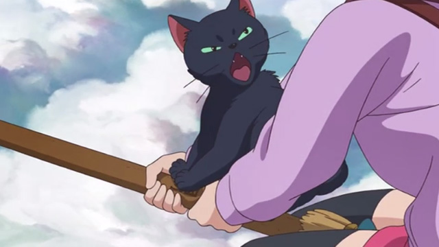 Mary and the Witch's Flower - black cat Tib on broomstick meowing