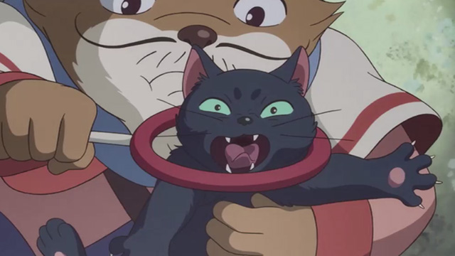 Mary and the Witch's Flower - black cat Tib being forced to wear red collar