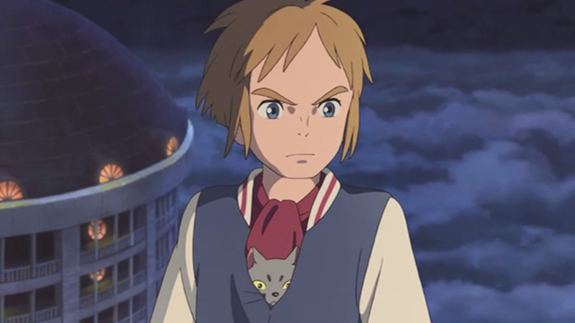 Mary and the Witch's Flower - gray cat Gib hiding in Peter's shirt