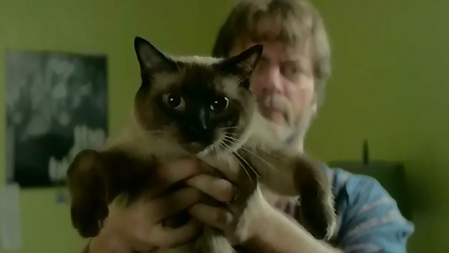 Me and Earl and the Dying Girl - father Nick Offerman holding Cat Stevens in front of camera