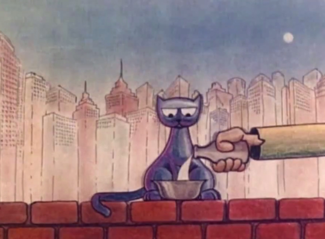 Meow - gray cat being poured milk on brick wall