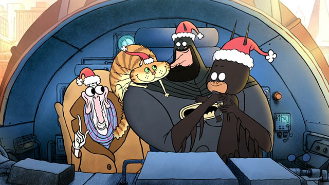 Merry Little Batman - cartoon ginger tabby cat Selina wearing Santa hat with Bruce Wayne Batman, Damian Wayne and Alfred