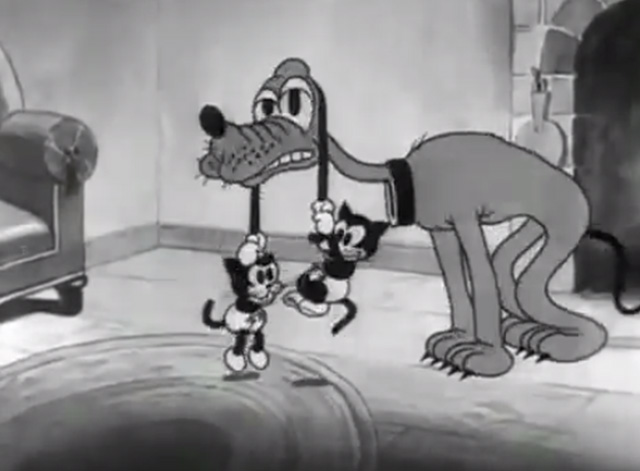 Mickey's Orphans - black kittens hanging from Pluto's ears