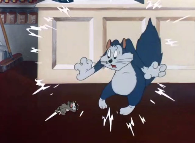 The Mouse-Merized Cat - cartoon blue cat shocked at sight of Catstello mouse barking at him