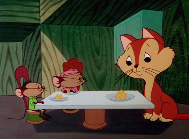 Mouse-Placed Kitten - orange kitten Junior at table looking at cheese with mice Matilda and Clyde