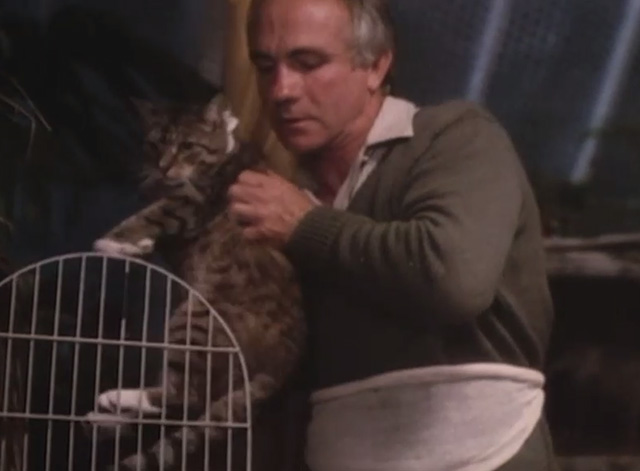 Mr. Love - Donald Lovelace Barry Jackson removing tabby cat wearing bandage from cage