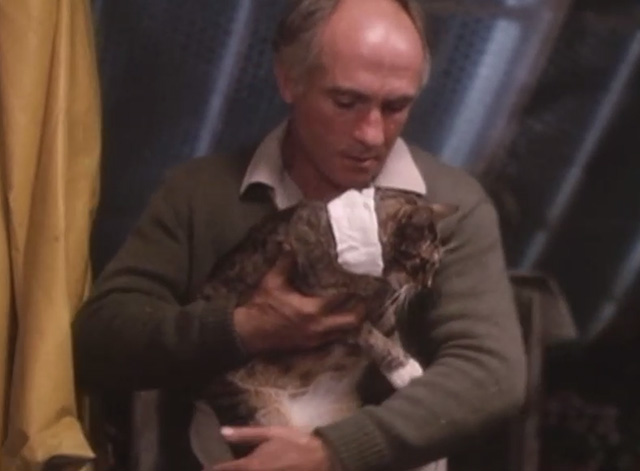 Mr. Love - Donald Lovelace Barry Jackson holding tabby cat wearing bandage