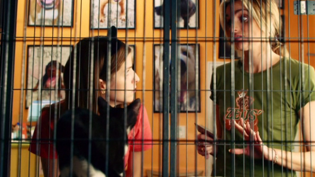 Mr. Right - Martha Anna Kendrick and Sophie Katie Nehra standing in front of tuxedo cat Hannibal in cage