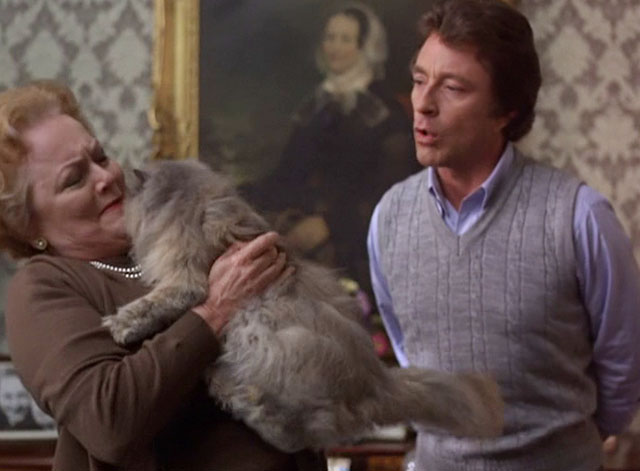 Murder is Easy - Miss Wainfleet Olivia de Havilland picking up longhair Persian diluted calico cat Wonky-Pooh with Luke Bill Bixby