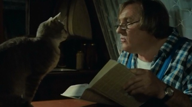 My Afternoons with Margueritte - Jeremy shorthair cat sitting in front of Germaine as he looks at dictionary