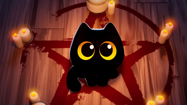 My Cat Lucy - cartoon wide eyed black kitten sitting in pentagram with candles