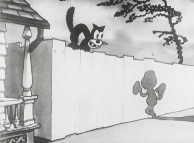 Mysterious Mose - cartoon black cat sitting on fence as shadow appears