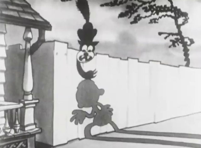 Mysterious Mose - cartoon black cat sitting on fence swiping at shadow