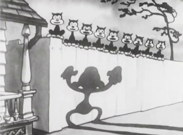 Mysterious Mose - cartoon black cats sitting on fence above shadow
