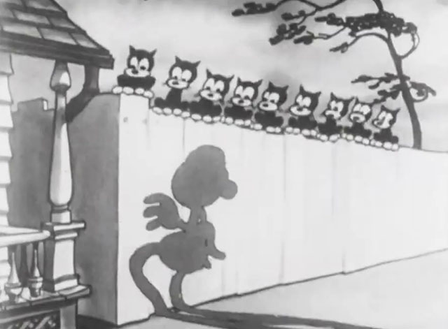 Mysterious Mose - cartoon black cats sitting on fence looking at shadow