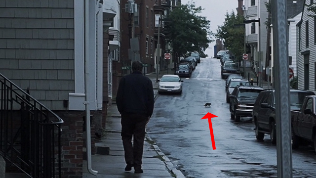 Mystic River - cat crossing street ahead of Dave Tim Robbins