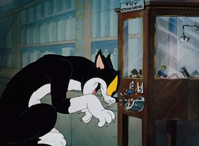 Naughty but Mice - black and white cartoon cat about to eat Sniffles mouse in chute