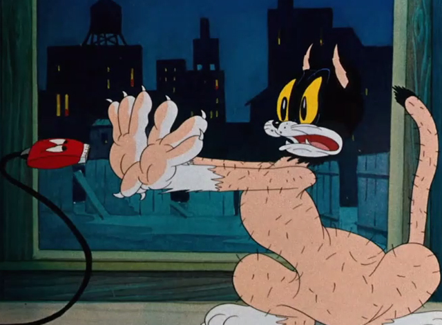 Naughty but Mice - electric razor pausing as shaved black and white cartoon cat surrenders