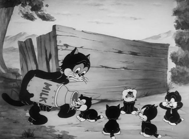 Naughty Neighbors - cartoon black mama cat trying to feed five kittens from one milk jug