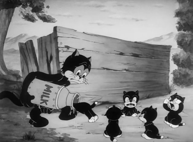 Naughty Neighbors - cartoon black mama cat trying to feed five kittens from one milk jug