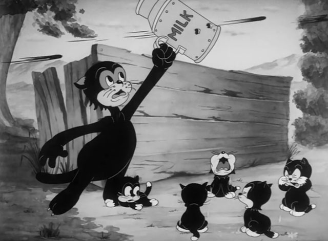 Naughty Neighbors - cartoon black mama cat holding up milk jug to be hit by bullets to feed five kittens