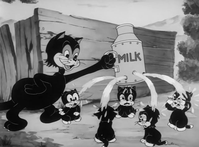 Naughty Neighbors - cartoon black mama cat feeding five kittens from one bullet riddled milk jug