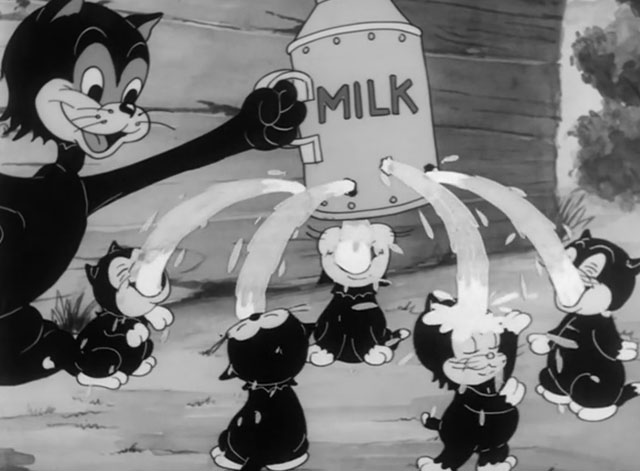 Naughty Neighbors - cartoon black mama cat feeding five kittens from one bullet riddled milk jug