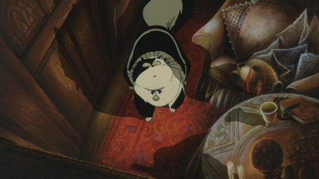 Neo Tokyo - cartoon longhair black and white cat Cicerone looking up at table